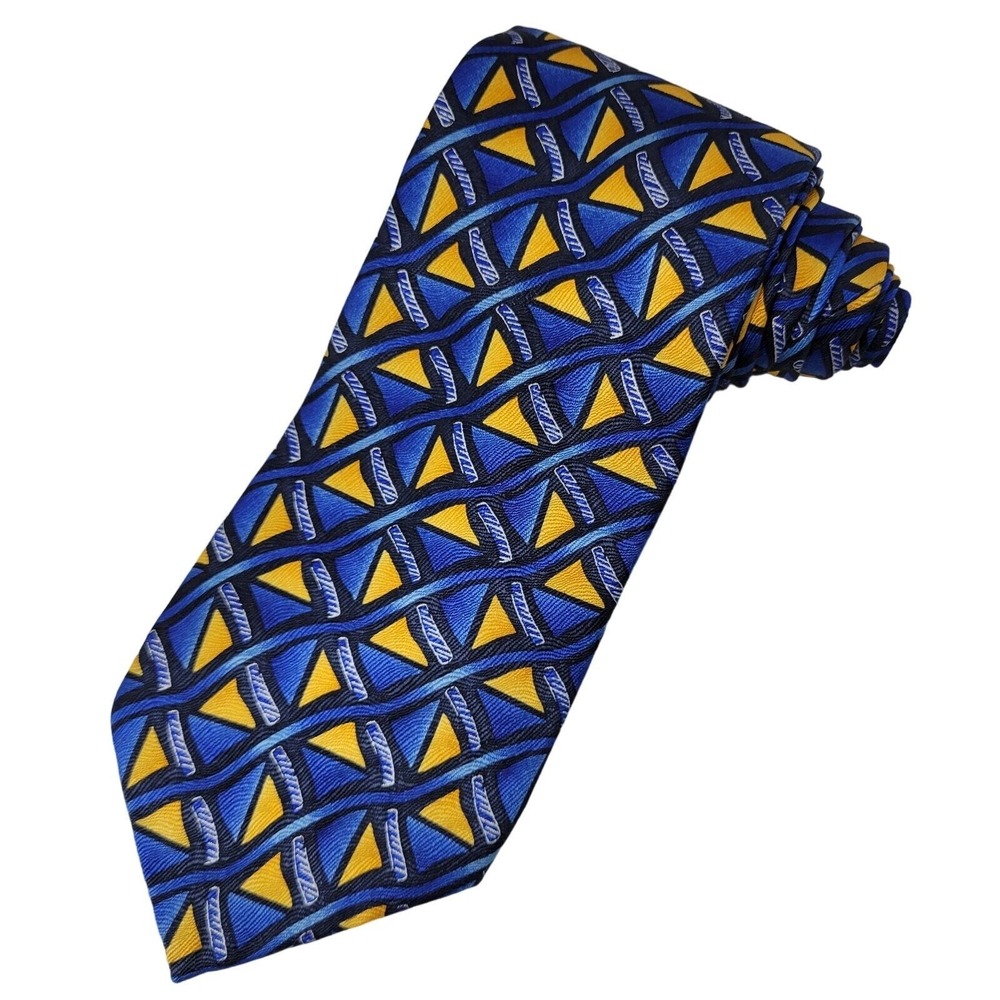 Vintage 90's Silk Necktie Men's Foulard Fence Patrern Blue & Yellow Geometric - Picture 1 of 8